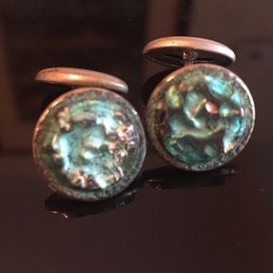 Green stone Vintage Men's Silver Tone Cufflinks